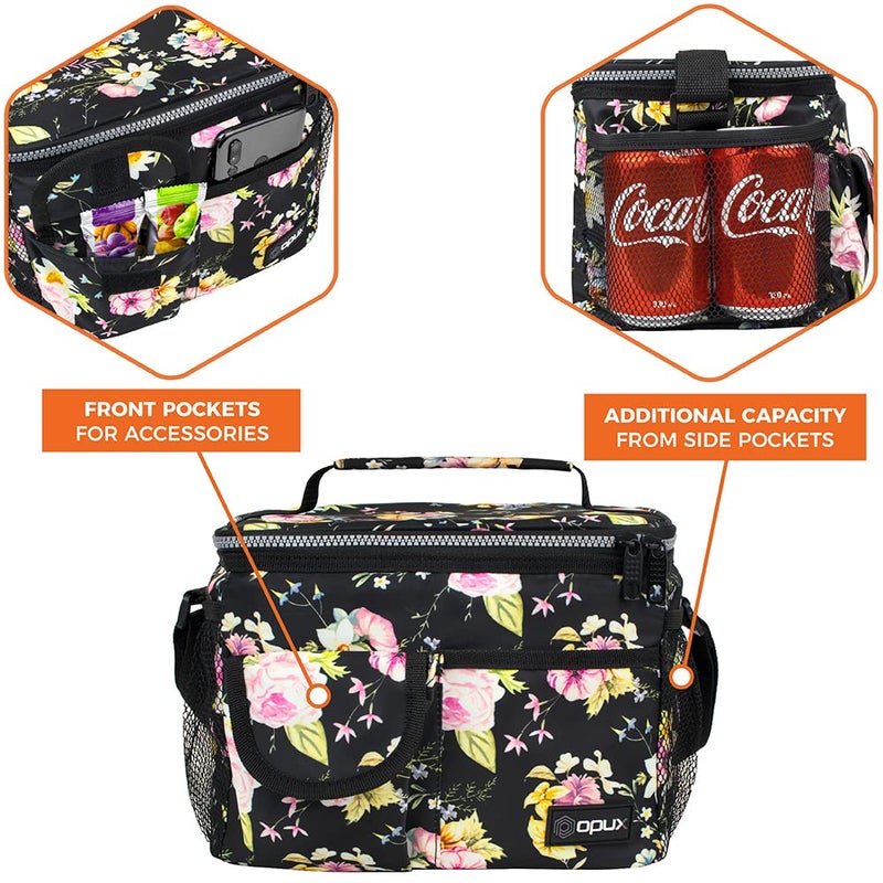 opux Insulated Lunch Bag for Men Women, Leakproof Floral Black Lunch Box for Work, Portable Soft Lunch Cooler Bag with Shoulder Strap, Adult Lunchbox Lunch Pail for Kid Boy Girl School, 14 Can/8L - Image 4
